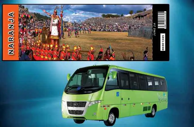 Inti Raymi 2026 ticket. Orange section + tour bus